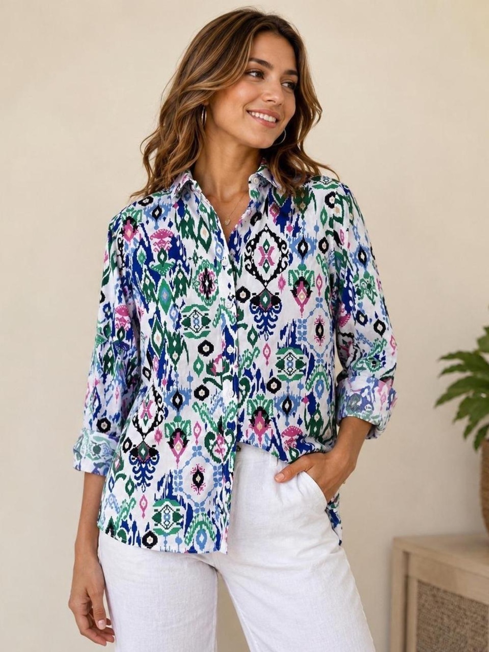 Chico’s No-Iron Chic Stretch Shirt Women’s Size XXL Button Front Tribal Ikat